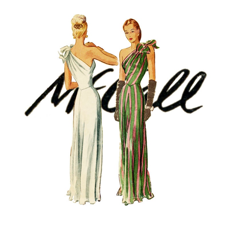 1940s One Shoulder Evening Dress Pattern McCall 6688 Bust 30 Womens Vintage Sewing Pattern Basque Waist Shoulder Bow Summer Wedding Gown