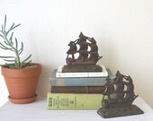 Cast Iron Pirate Ship Bookends / Nautical Mid Century Home Decor