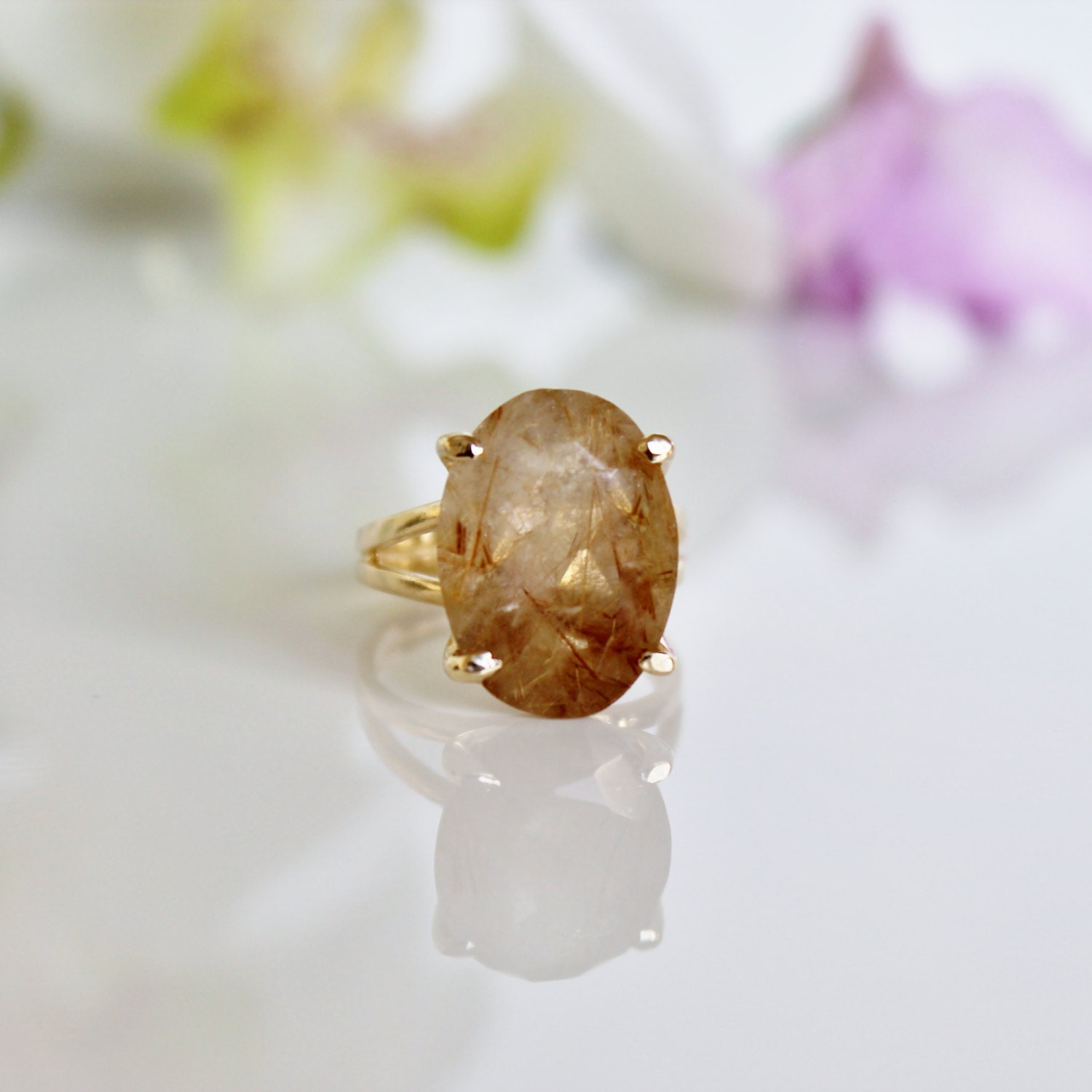 faceted oval ring,rutilated quartz ring,gold ring,vintage ring,cocktail ring,customize rings,mom gifts