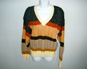 Vintage 1970s Mens Retro Hipster Funky Colorblock Striped Geek Nerd Cable Knit V Neck Sweater
