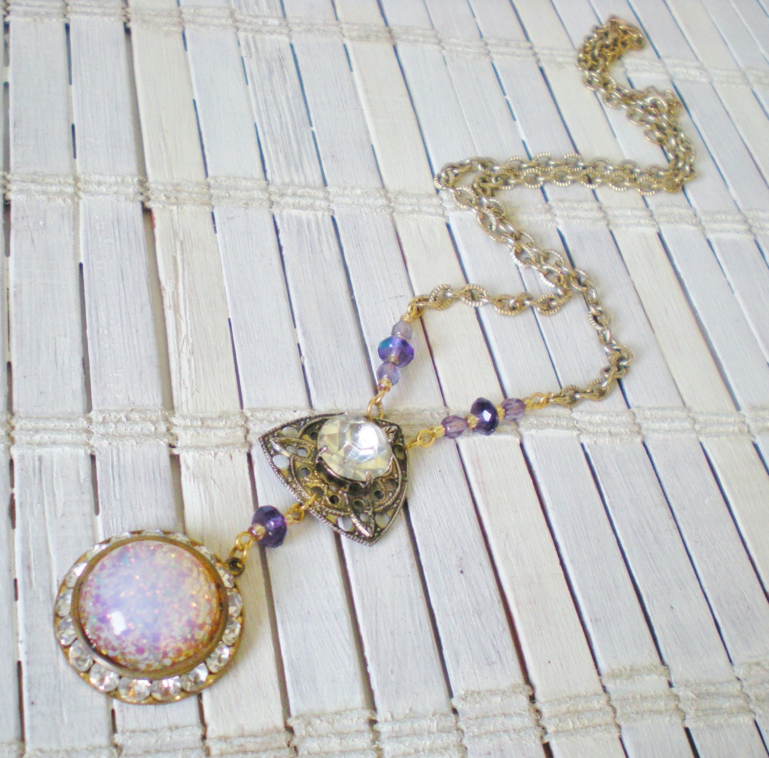 Upcycled Art Deco Pendant Necklace / Gold Pink Lavender