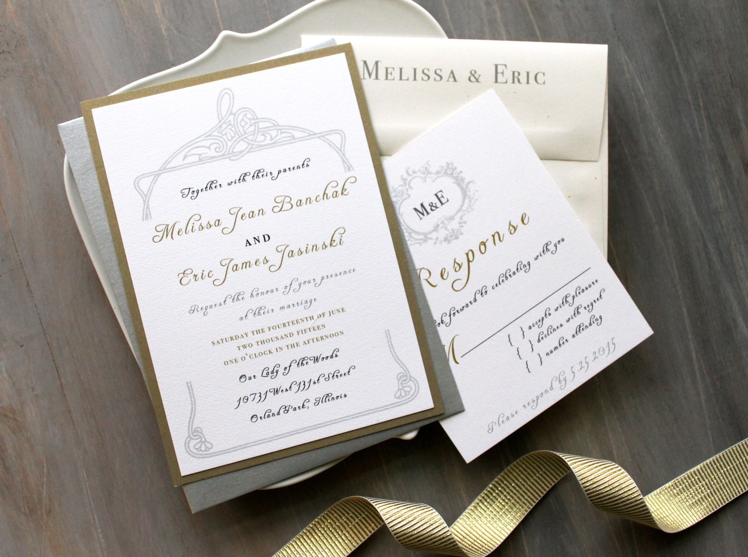 Antique Glitter - Classic Elegant Wedding Invitations, Gold, Gray, Ivory, Metallic - Sample
