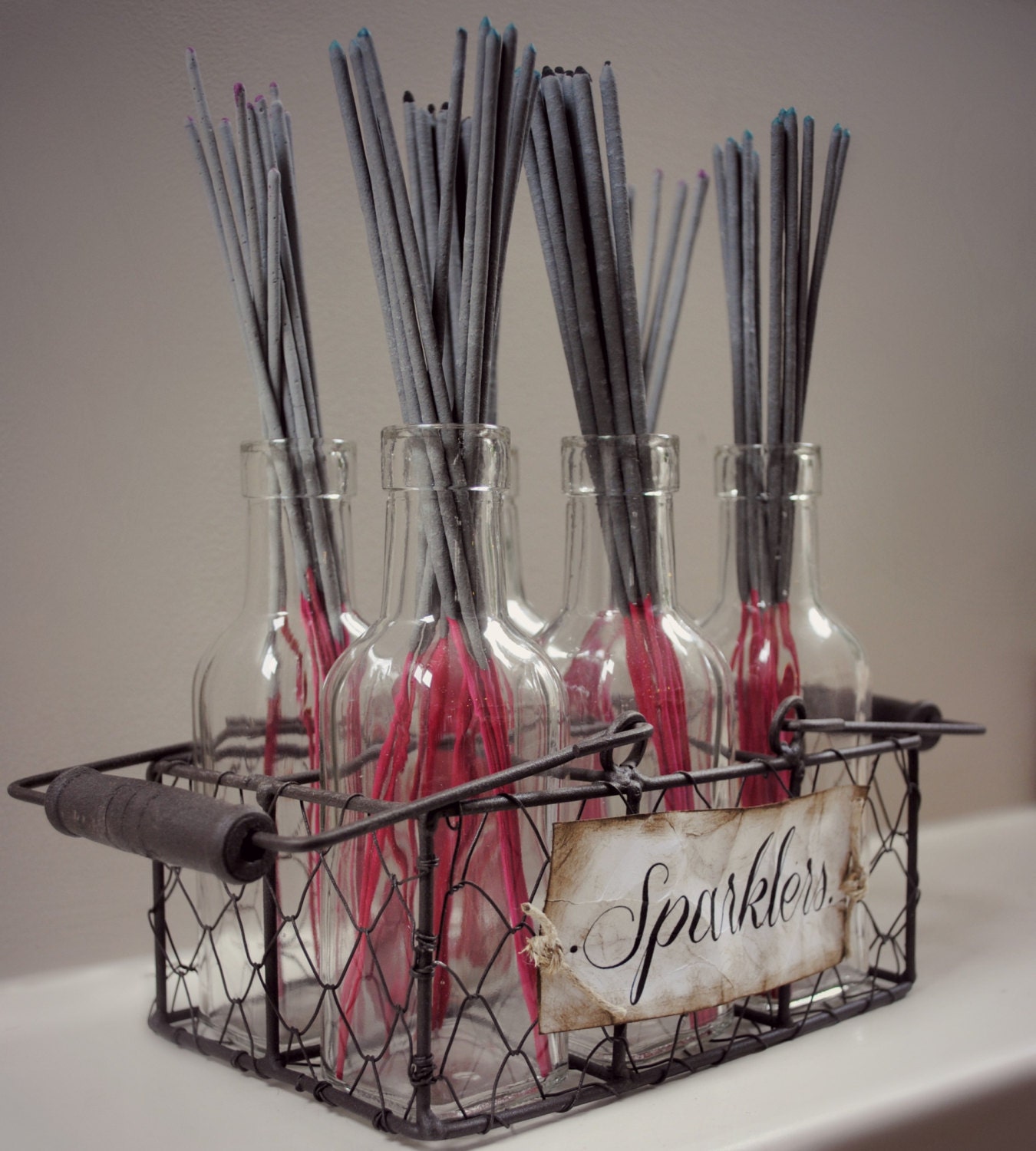 Vintage inspired wire crate wedding sparkler holder. basket and 6 bottles
