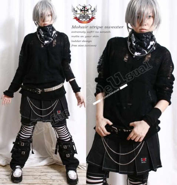 Unisex Punk Ladder Broken Oversized Mohair Knit Pullover Jumper Sweater Black
