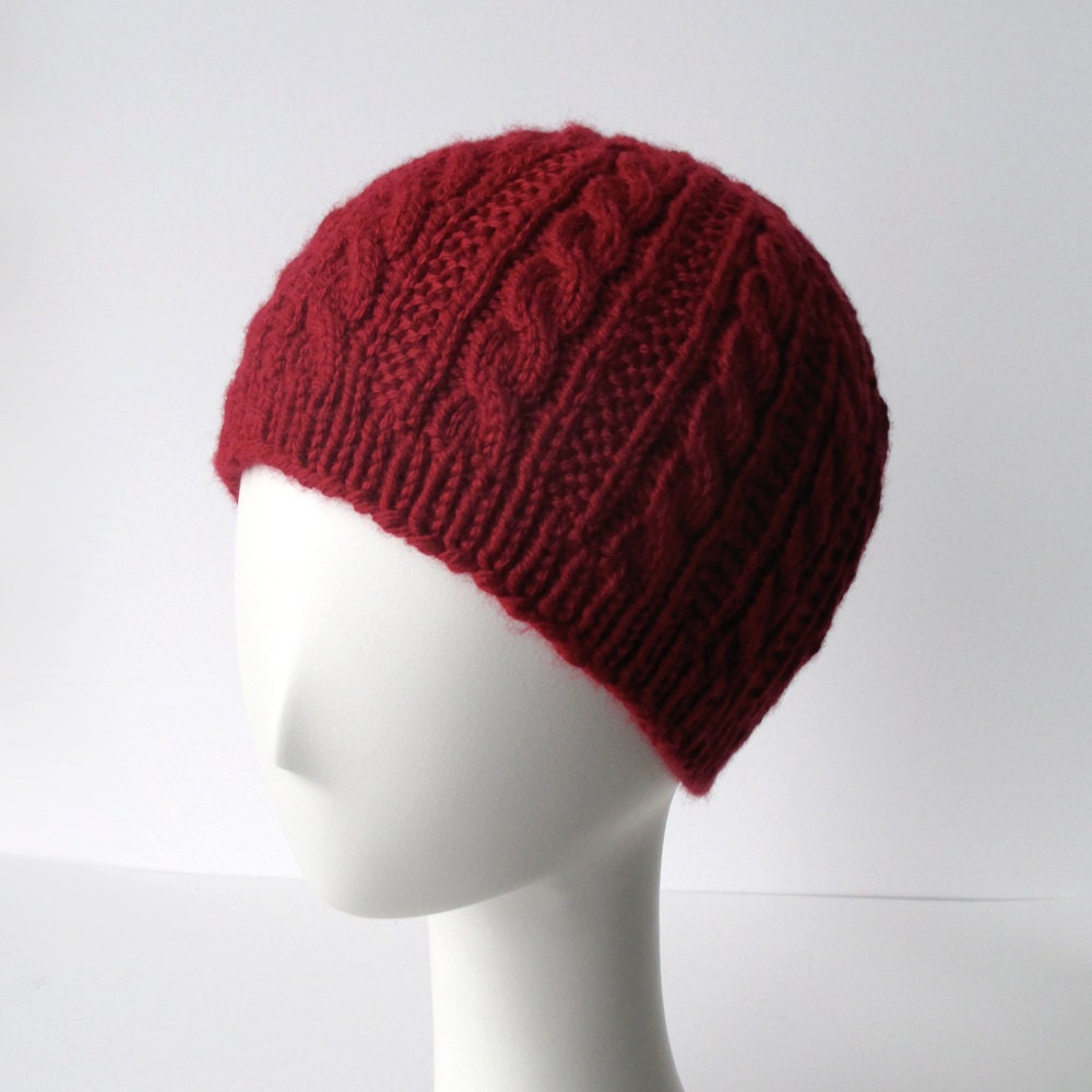 Hand Knit Cable Hat in Dark Red / Wine