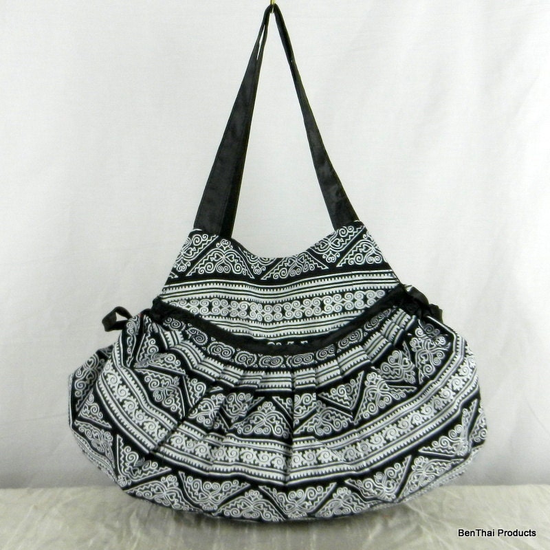 Thai Cotton Hippie Hobo Shoulder Bag Purse Handbags Black Mosaic CA1
