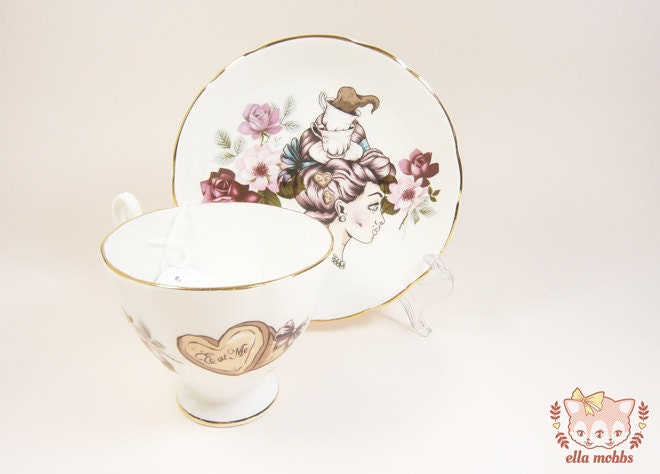 Vintage Tea Cup and Saucer with a Tea Cup Lady Illustration