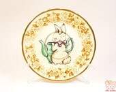 Vintage Butter Plate with a Bunny and a Tea Pot Illustration
