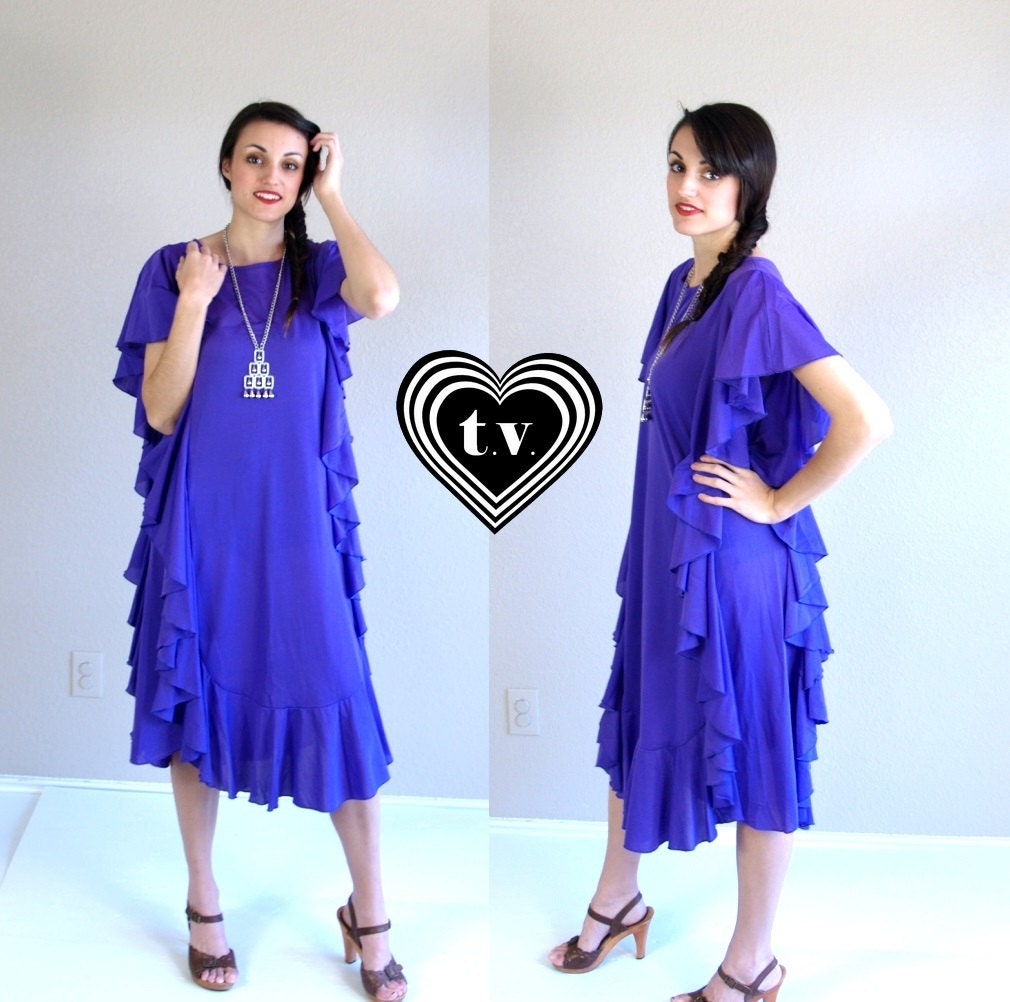 vtg 80s Purple avant garde CASCADING RUFFLE DRESS party os tent draped