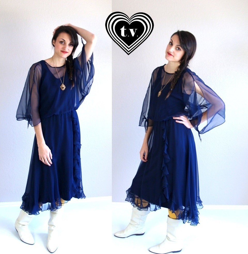 vtg 60s/70s navy SHEER CHIFFON ruffle Cocktail DRESS Large Grecian batwing party