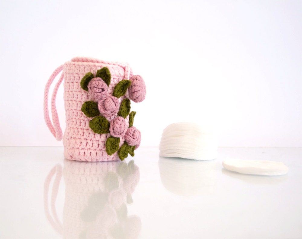 Pink Crochet Cotton Rounds Holder, Facial Pads Holder
