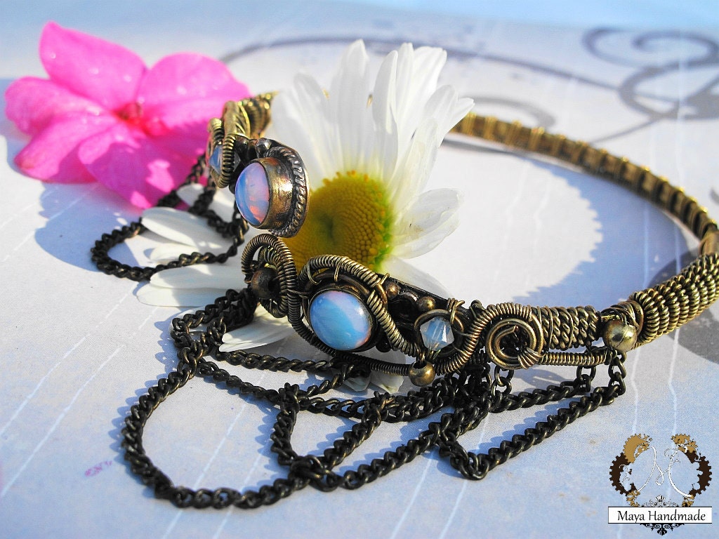 Handmade Victorian Arm Cuff Bracelet/Armlet With Opal Gemstones and Chains