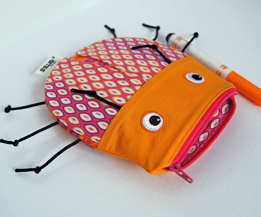 Bug Bag by MinneBites / Kids School Supplies - Handmade School Bag - Cute Zipper Pouch - Toy Bag - Kids Bag - Orange Pink Lady Bug Purse