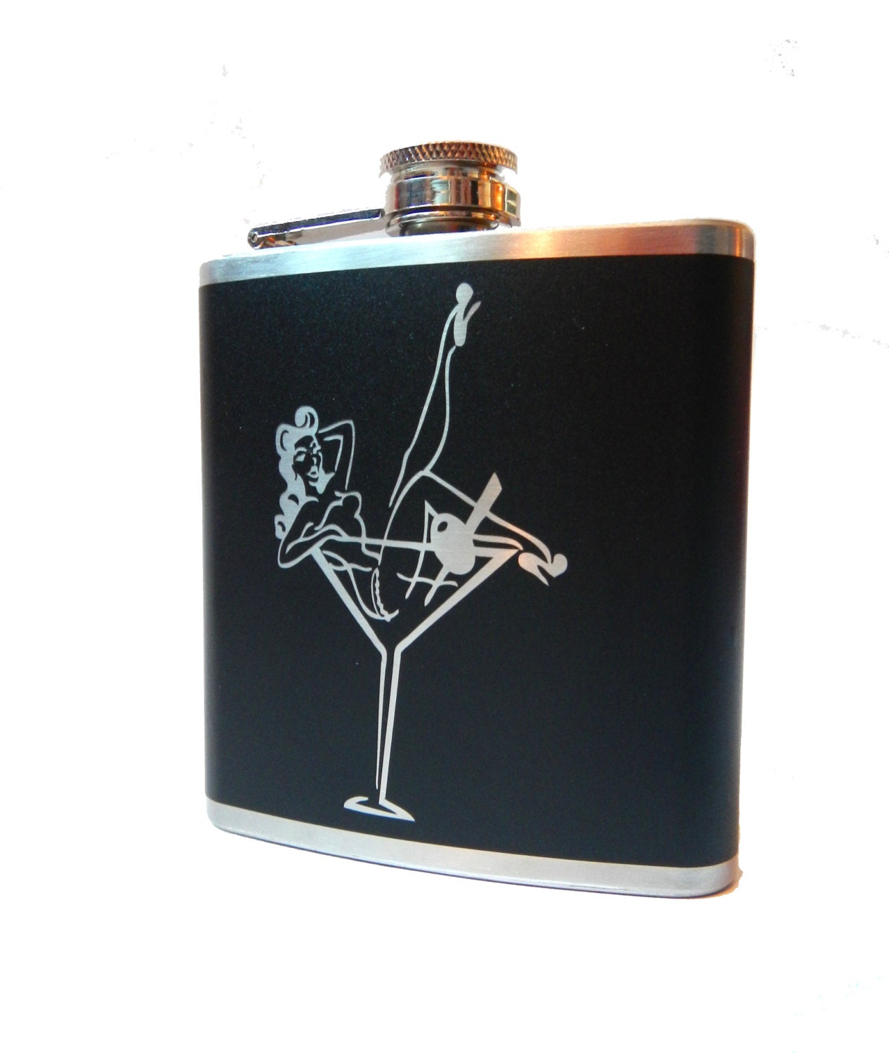 Pinup Girl Martini Glass Flask- alcohol, liquor, booze, wedding, bridal party, hip pocket- Personalized Custom - YOU pick COLOR, SIZE