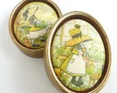 Holly Hobbie Sarah Kay Framed Wall Art Decoupage 1970s Little Girl Boho Bedroom Decor Pair Set Oval Frames