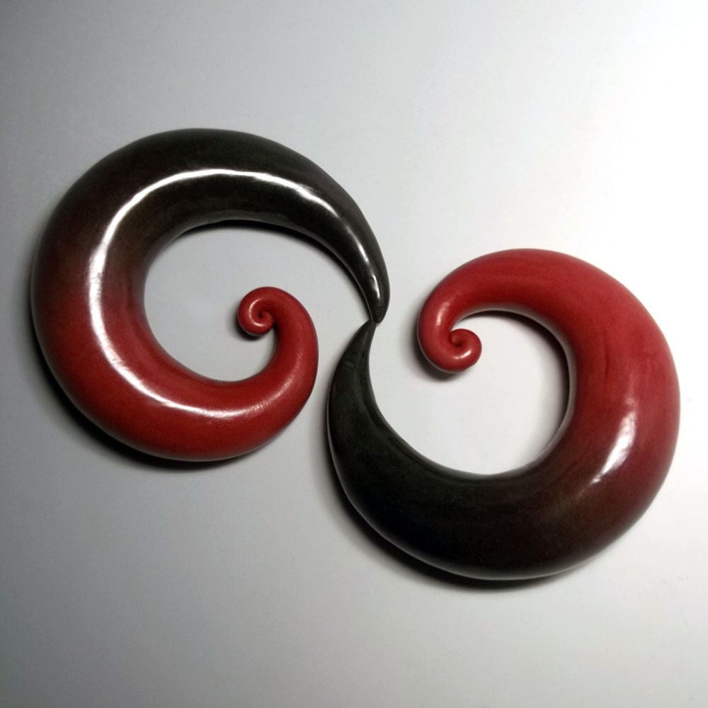 Gauges - Polymer clay 1"  plugs for stretched ears. Ultralight spirals large gauges, red to black. Your size and colors.