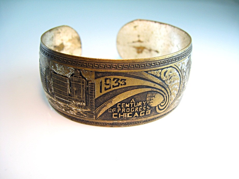 Art Deco Bracelet Chicago Worlds Fair 1933 Century of Progress Souvenir Cuff