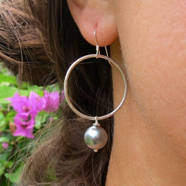 Tahitian Pearl Earrings, Sterling Silver Hammered Hoops, Genuine Pearl, Hawaii Beach Jewelry