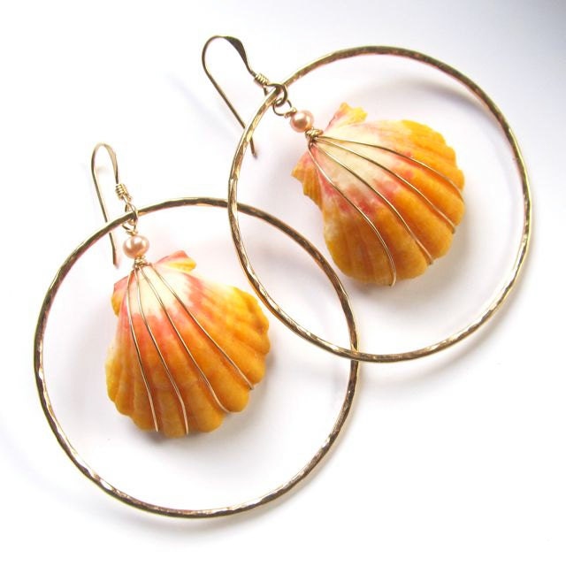Sunrise Shell Earrings, Gold Hammered Hoops, Rare Hawaiian Shell, Orange, Pink, Hawaii Beach Jewelry