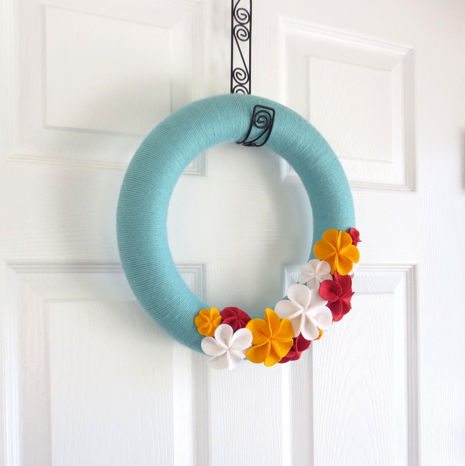 Summer Yarn Wreath.  Robins Egg Blue Door Wreath with Felt Flowers. Coral, Yellow, White Felt Flowers. 12 inches.