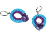 Crochet Bohemian Chic Dangle Earrings in Blue, Violet with Amethyst Varnished Hippie Boho Gypsy Style Jewelry Geometric Tear Drop
