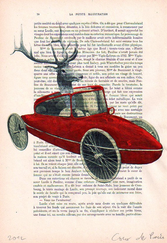 Drawing Illustration Giclee Prints Posters Mixed Media Art Acrylic Painting Holiday Decor Gifts: Deer in a car
