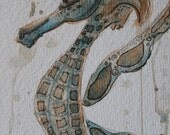 Whimsical Sea Horse Original Water Color Painting approx. 5 x 13 inches - Coastal - Beach Art - Condo Decor Ocean