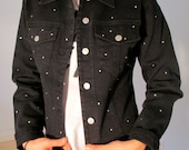 Black Diamond Rhinestone Studded Denim Crop Jacket XS S M Jean Embellished Grunge Boho Hipster Gypsy Club Kid Acid Festival Wear