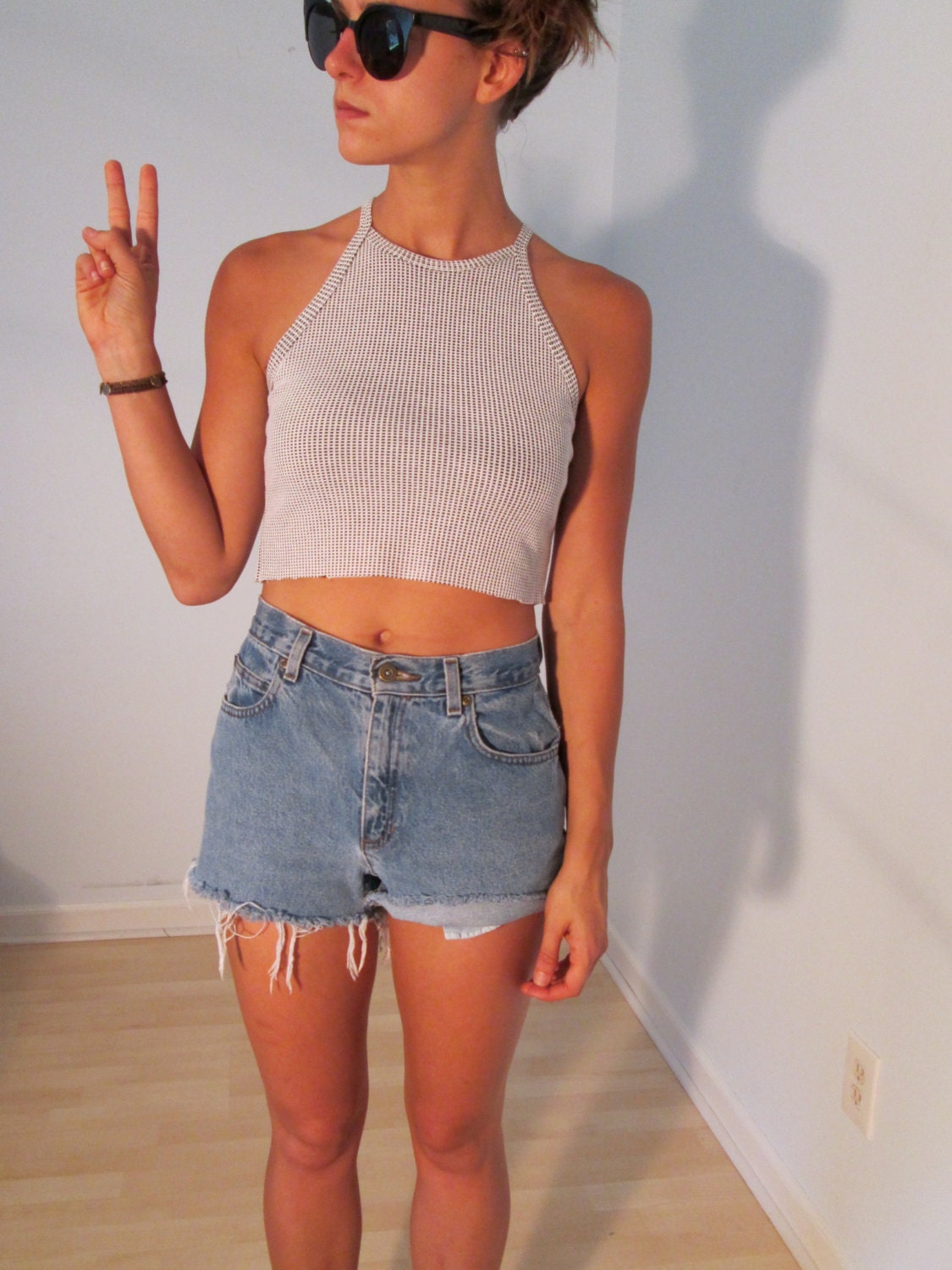 Black and White Hi Neck Cropped Tank XS S M Upcycled OOAK Boho Hippie Gypsy Club Kid Acid Grunge 90s Guess Bohemian Festival Crop Top
