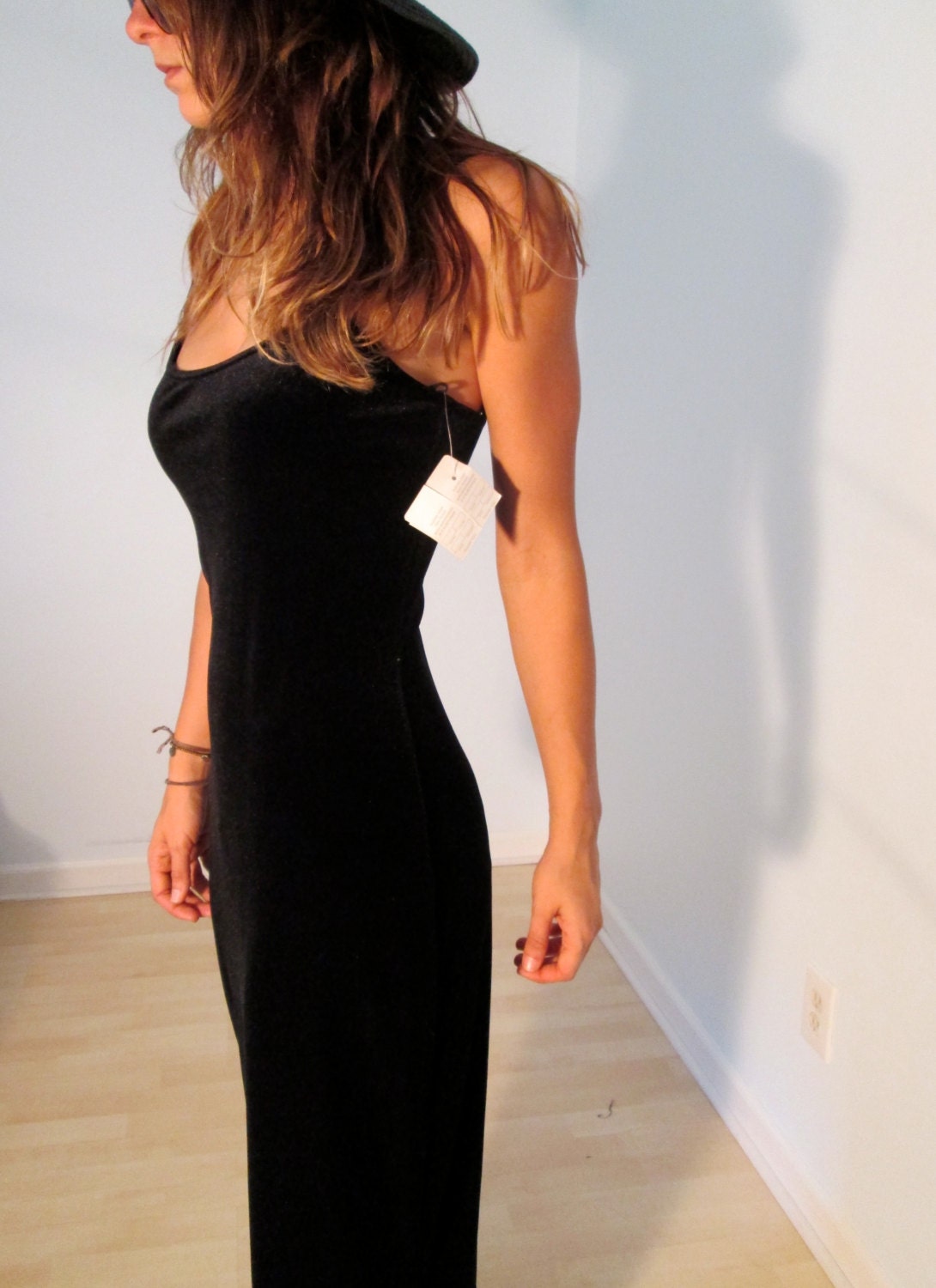 Dead Stock Vintage Velvet Maxi Dress S M Black Mermaid Boho Hippie Gypsy Club Kid Goth Grunge 90s Bohemian Festival Wear