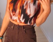 Upcycled OOAK Naughty Nautical Striped Hi Neck Halter Crop Top Stretch Orange Yellow Blue Boho Hippie Gypsy Club Kid Acid Festival 90s
