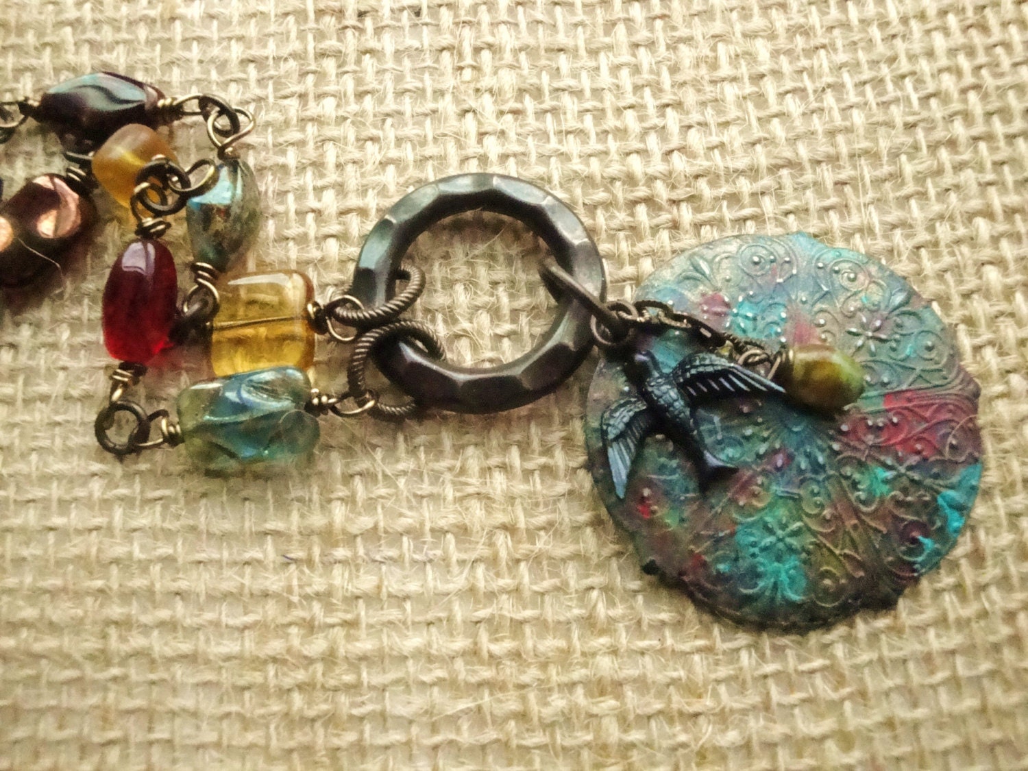 OOAk Colored Czech Glass Vintaj Arte Patina red Goldbird blue Piscasso necklace