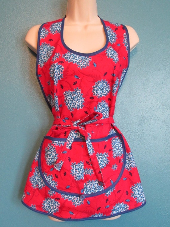 Blue Frayed Floral Retro Style Apron Petite Medium
