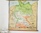 Rare Vintage Pull Down Map, Germany, Hand Painted School Chart