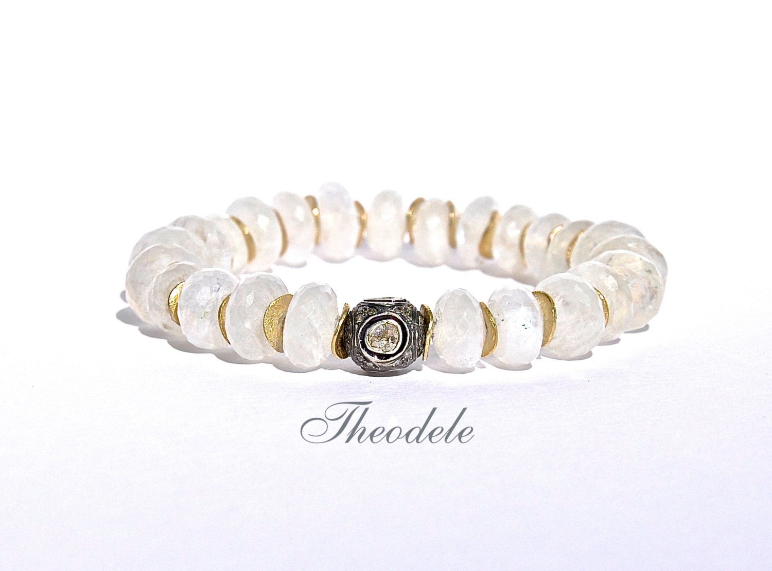 Pave Rose Cut Diamond & Moonstone Stretch Bracelet