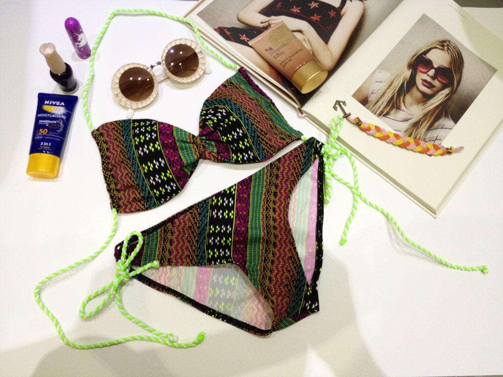 New vintage bikini color tribal lime color top and bottoms fashion on summer women set handmade 100%