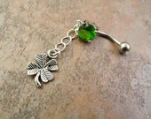 Four Leaf Clover Belly Button Ring, Green Shamrock Lucky Navel Jewelry Belly Ring
