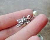 Silver Turtle Belly Button Ring Light Green Pearl Jewelry