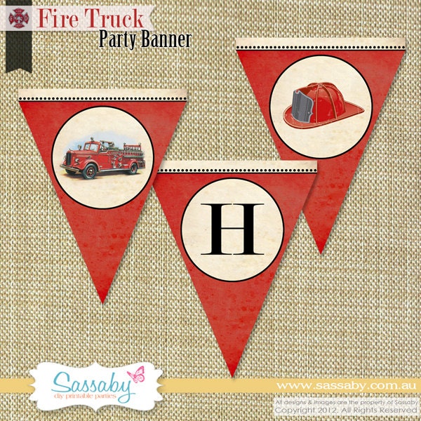 Vintage Firetruck Banner - Boys Birthday Party - DIY PRINTABLE FILE Il_570xn