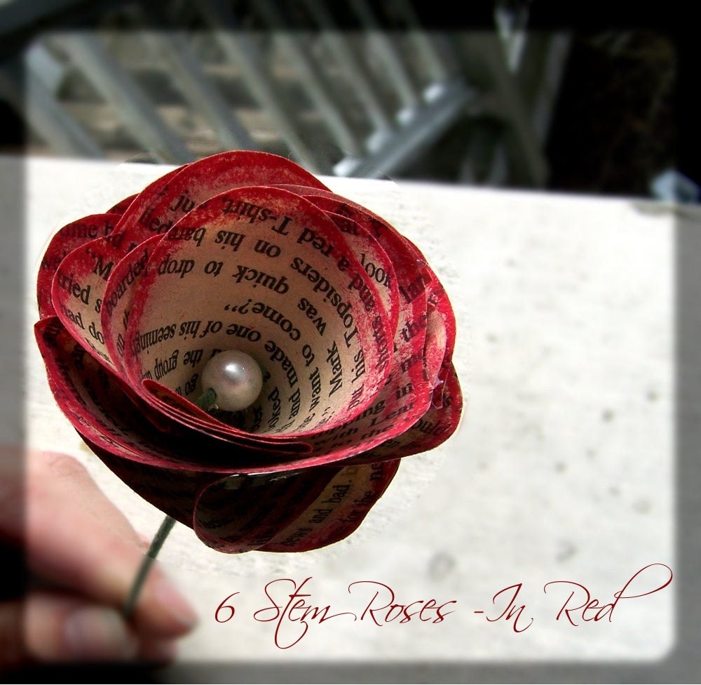 Vintage Paper Flowers -6 Paper Roses in Red -Paper Stem Roses -Eco Wedding -DiY Wedding Accessory