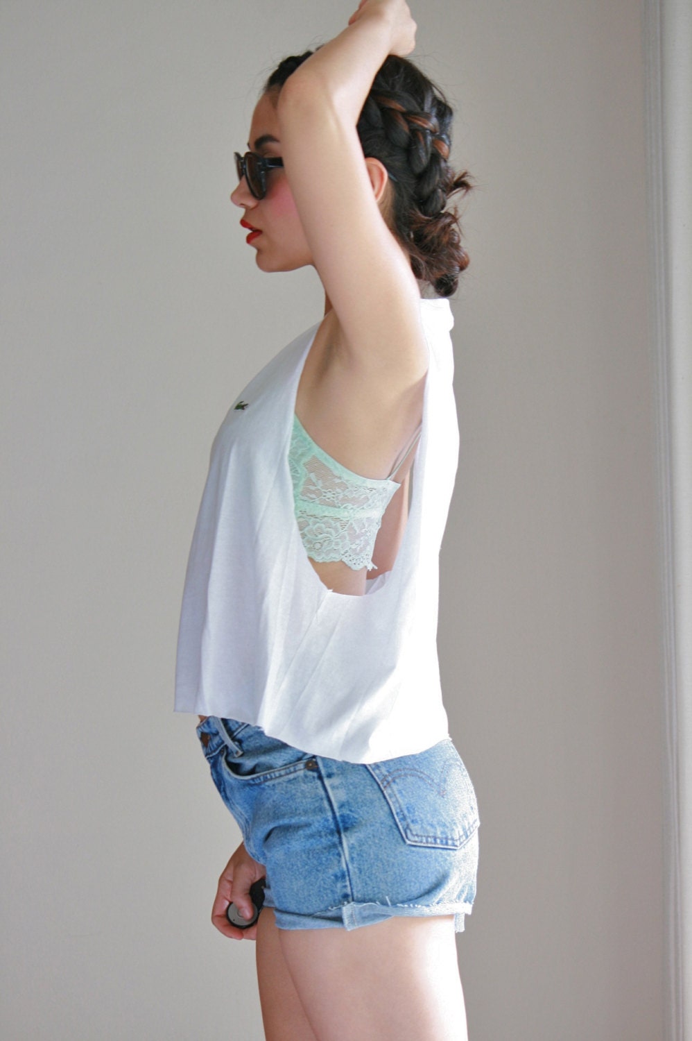 White Cropped Lacoste Muscle Tank. Lacoste V Neck. Unisex Lacoste Shirt.