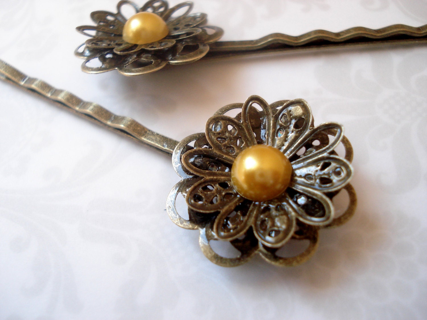 Antique Bronze Flower Bobby Pins, Yellow Flower Pins, Yellow Bobby Pins, Ornate Flower Pins, Bronze Bobby Pins