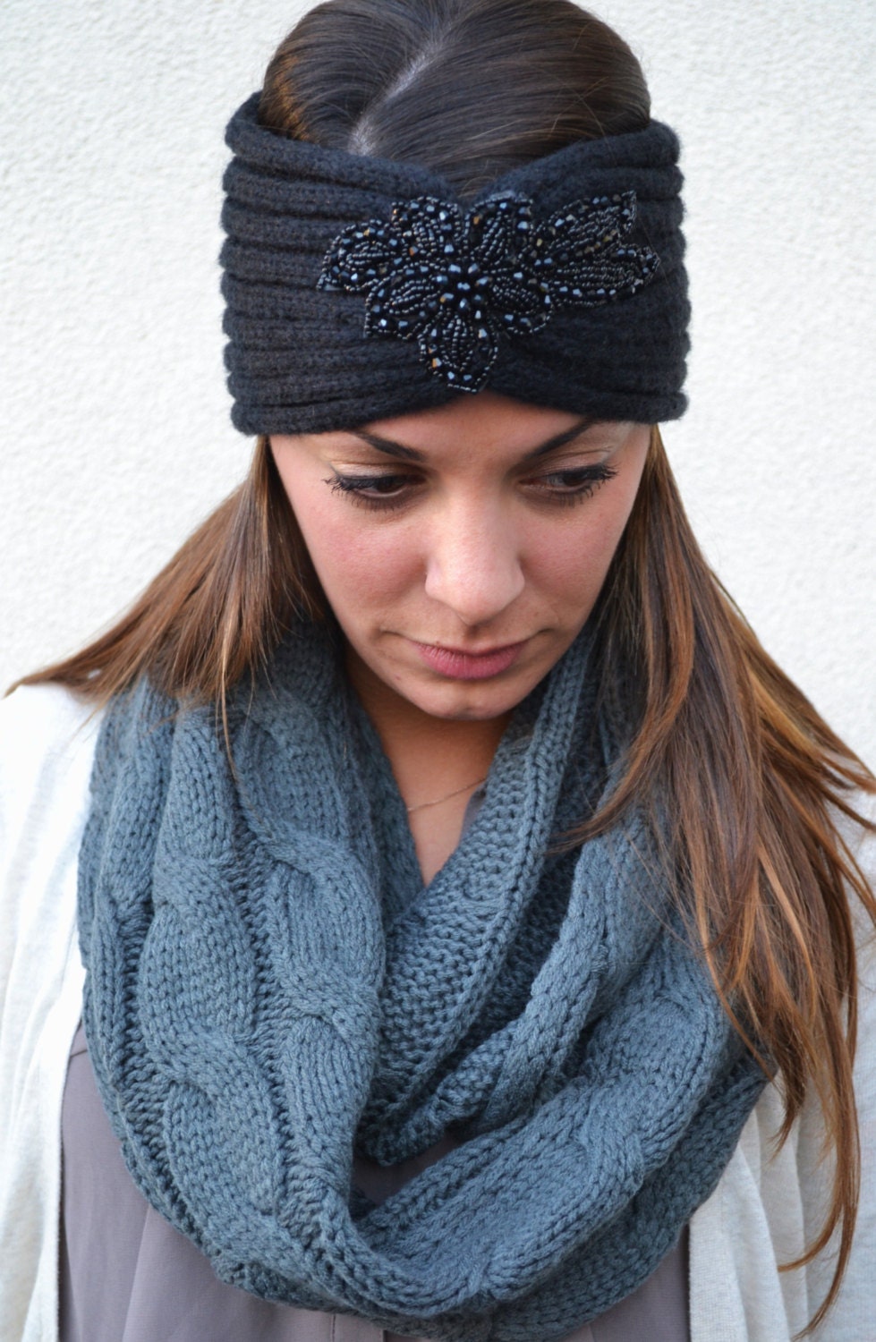 Chunky Knitted Headband Ear Warmer with Beaded Flower Embellishment SELMA's Beaded Head Wrap Turban on THE BACHELOR