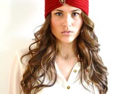 BLOOD RED Chunky Knitted Headband Ear Warmer Beaded Flower Embellishment Selma's Headband on The Bachelor Head Wrap Turban