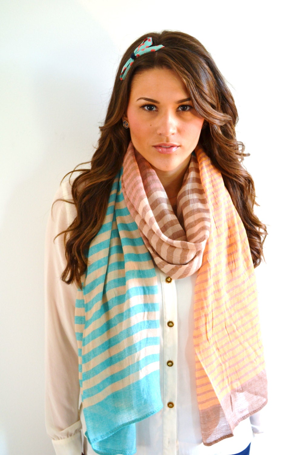 MINT AQUA Nautical Stripes Sailor Boating Unisex Cotton Linen Summer Scarf Shawl Wrap Gift Idea Fashion Accessory