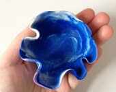 Monaco Blue and white abstract ploymer clay bowl with lilac accent, white decor, minimalist decor, Pantone Monaco Blue
