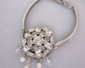 Vintage Rhinestone Assemblage Bracelet, Bridal Bracelet, Pearl Dangles, Sterling Silver, Watch Band Bracelet, OOAK Repurposed Jewelry