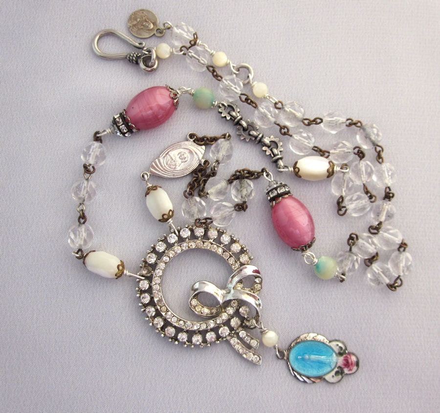 Repurposed Rhinestone Necklace, Vintage Religious Sterling Silver Charm, Blue Enamel, Pink Glass Beads, OOAK Assemblage Jewelry JryenDesigns