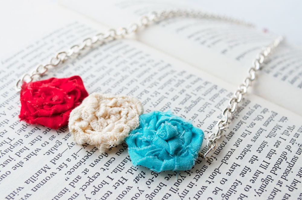 Fabric Flower Necklace: Flower Trio Necklace, Fabric Rose Necklace, Fabric Rosette Necklace, Red and Aqua, Vintage Lace, Floral Necklace