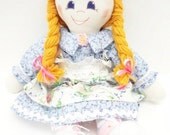 soft sculpture, ragdoll, little girl , braids, blue eyes, apron, hat with pink flowers NF76